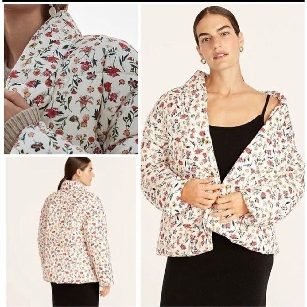J Crew Puffer Jacket Womens XXS Cream Floral‎ Cottagecore Grannycore Warm Boho